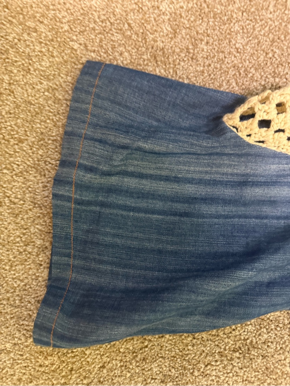 Umgee Blue Cold-Shoulder Denim-Look Tunic with Cream Crochet Sleeves - Picture 2 of 5